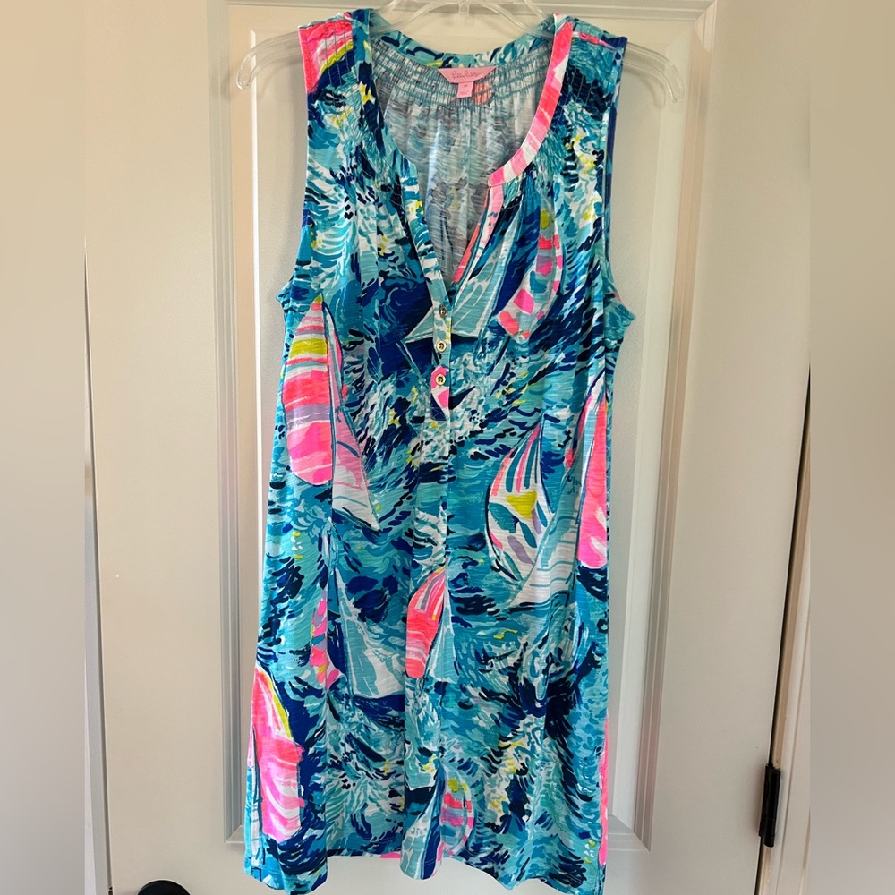 Lilly Pulitzer Turquoise Blue & Pink Sailboat Print Sleeveless Dress